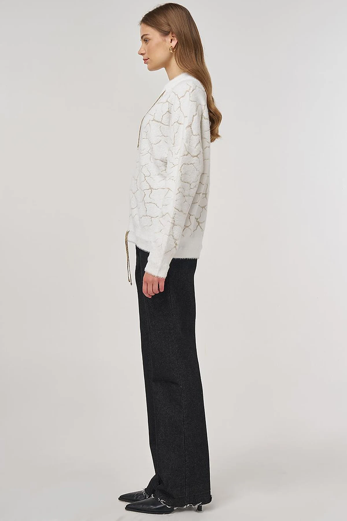 Marble-Pattern Knit Cardigan Ecru 