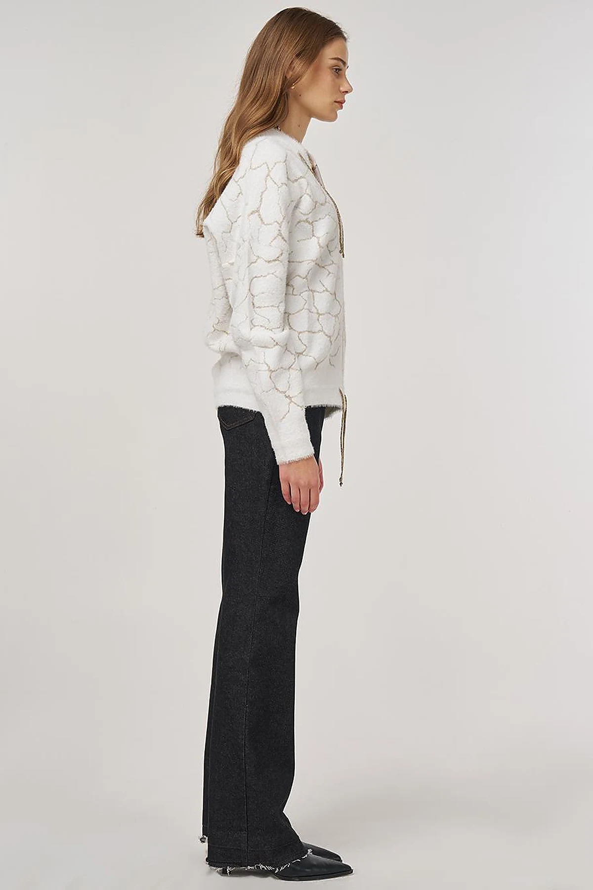 Marble-Pattern Knit Cardigan Ecru 