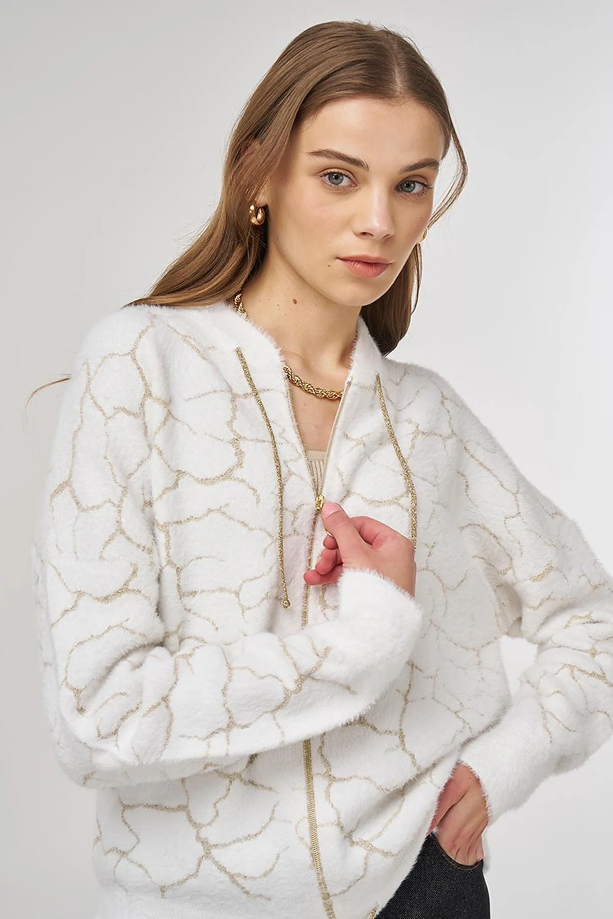 Marble-Pattern Knit Cardigan Ecru 