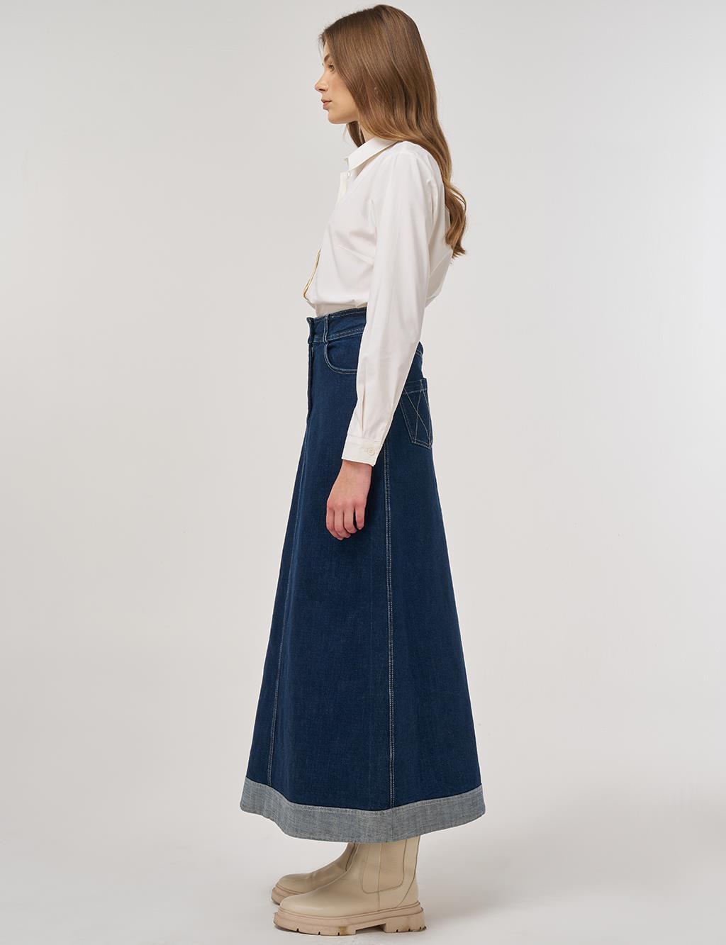 Paneled Denim Skirt Navy Blue 