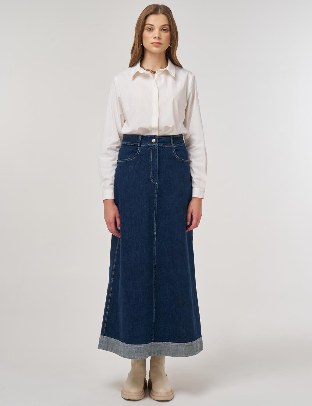 Paneled Denim Skirt Navy Blue 