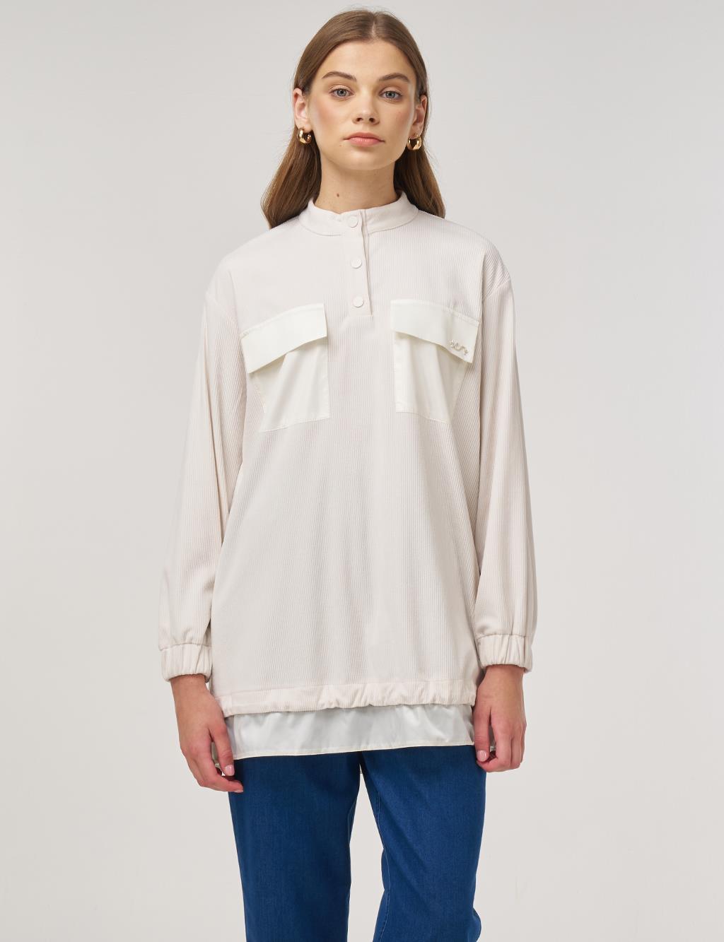 Double-Pocket Velvet Sweatshirt Cream