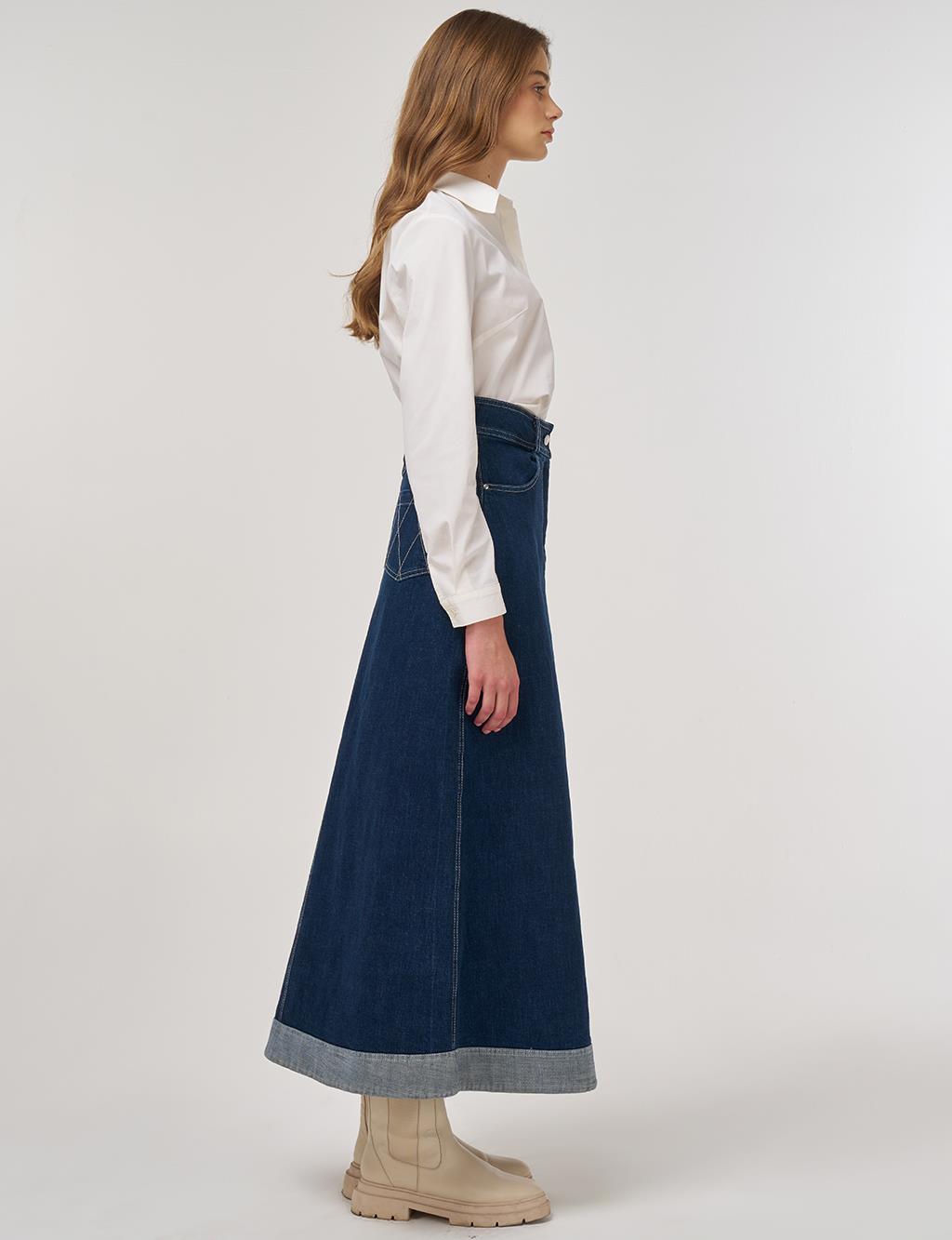 Paneled Denim Skirt Navy Blue 
