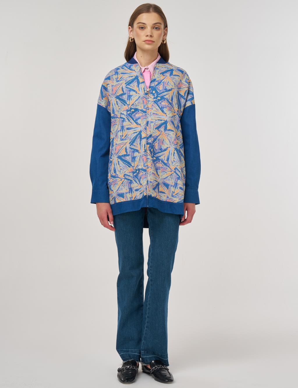 Geometric Pattern College Collar Jacket Indigo