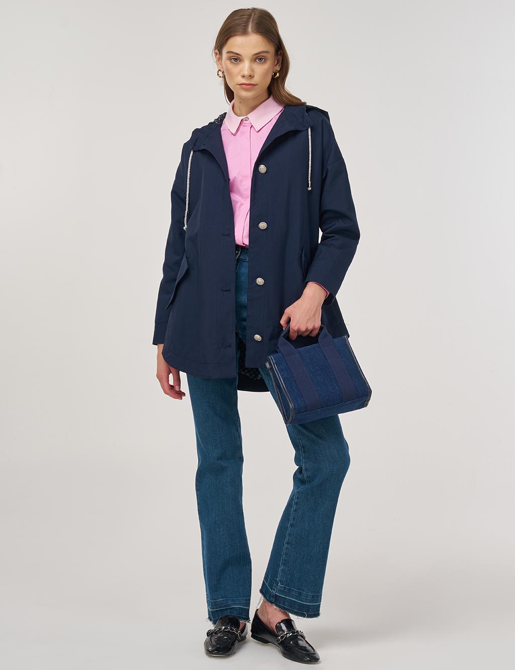 Hooded Short Trench Coat Dark Navy