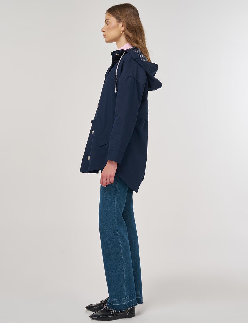Hooded Short Trench Coat Dark Navy