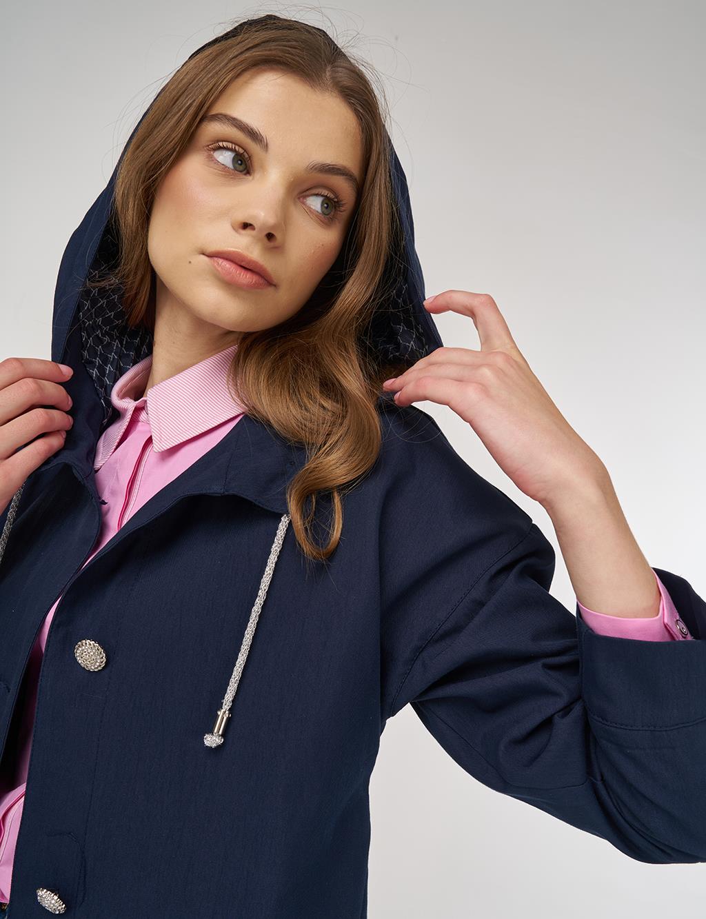 Hooded Short Trench Coat Dark Navy