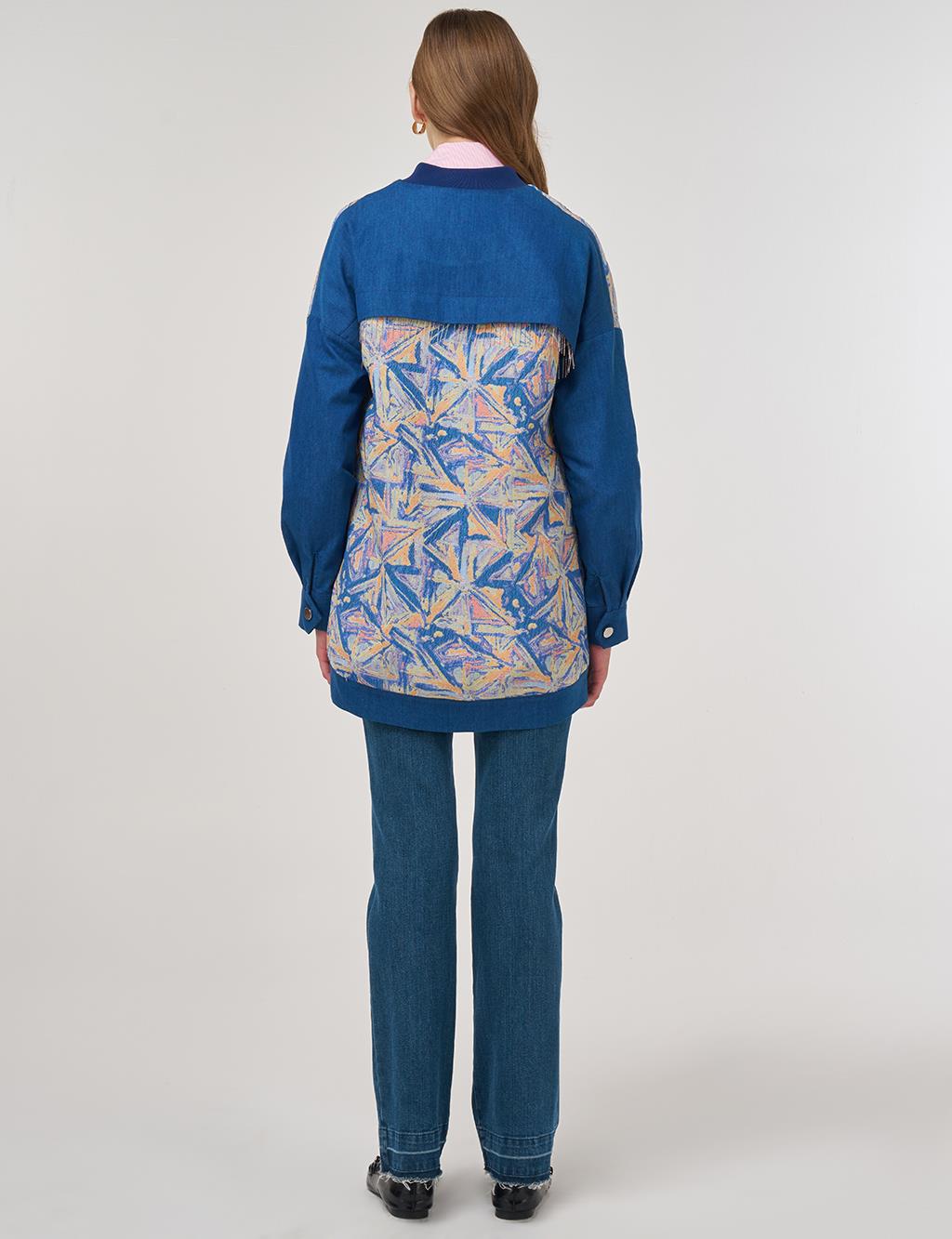 Geometric Pattern College Collar Jacket Indigo