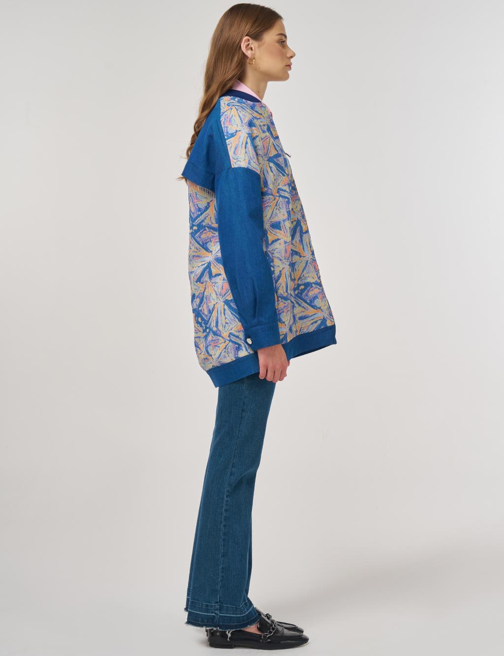 Geometric Pattern College Collar Jacket Indigo