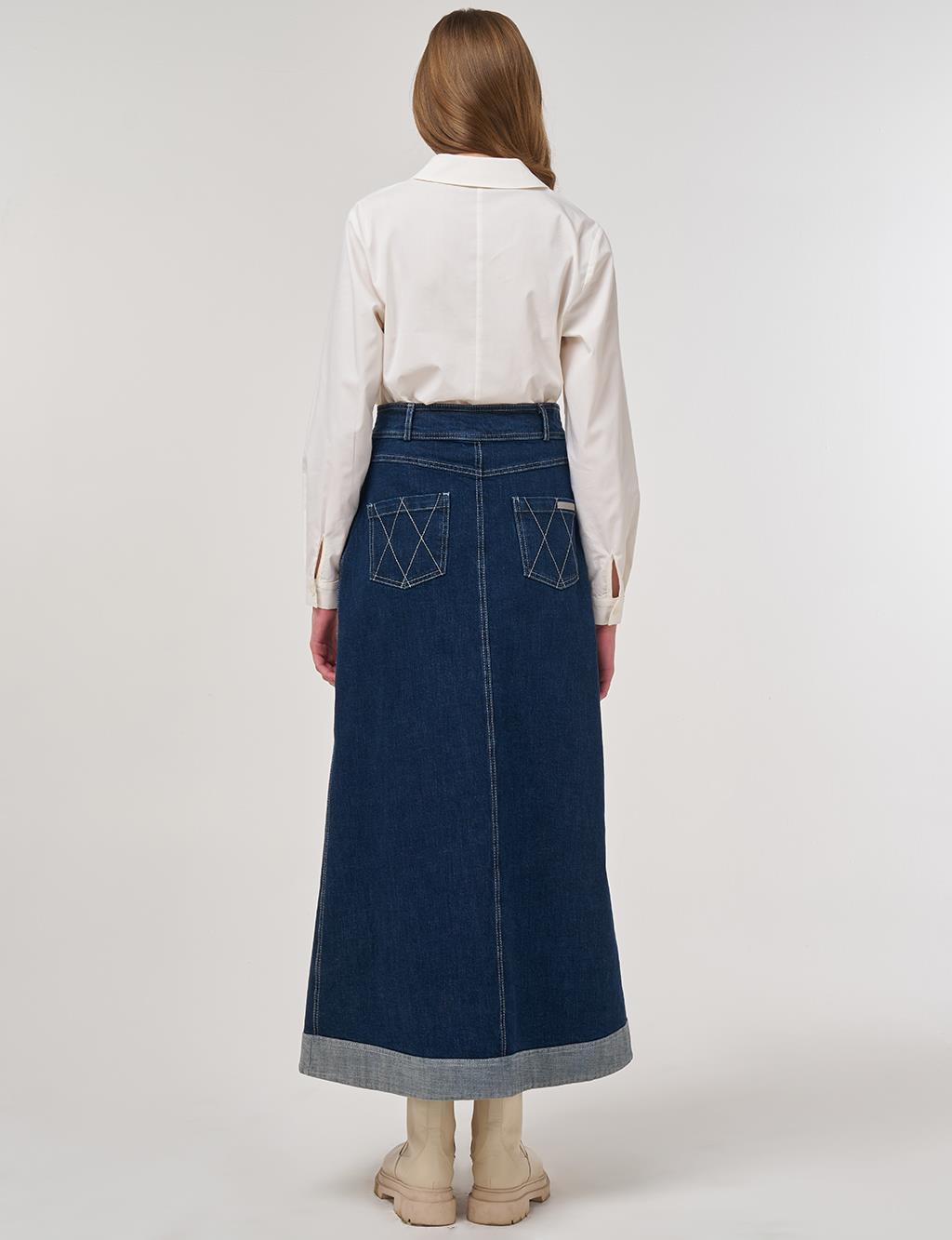 Paneled Denim Skirt Navy Blue 