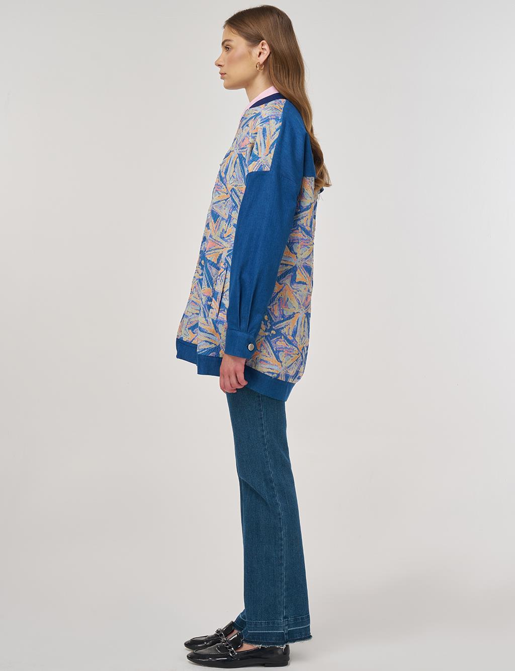 Geometric Pattern College Collar Jacket Indigo