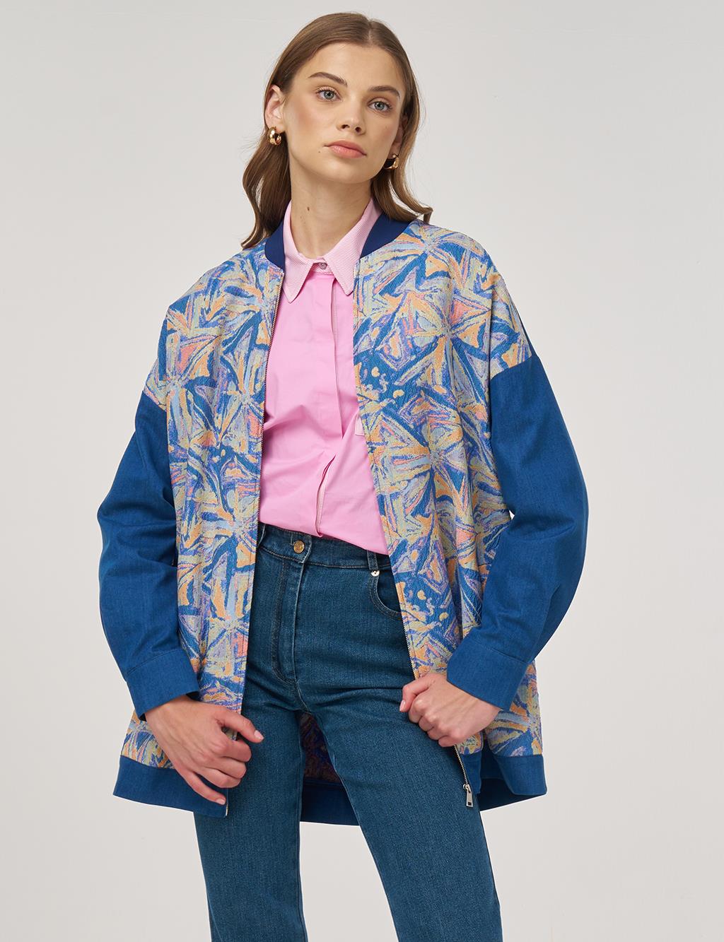 Geometric Pattern College Collar Jacket Indigo