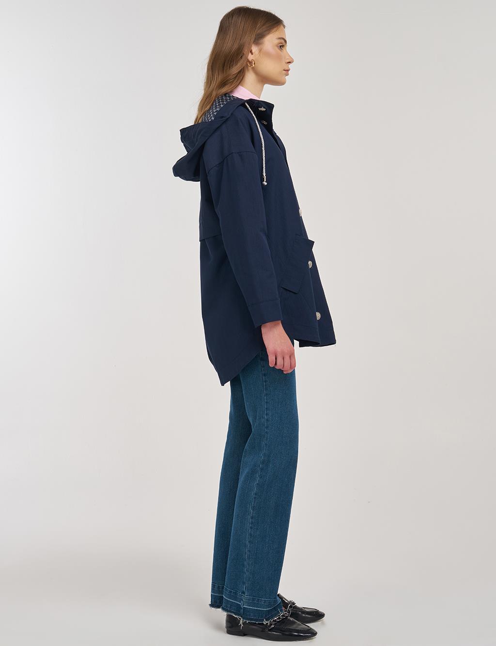 Hooded Short Trench Coat Dark Navy