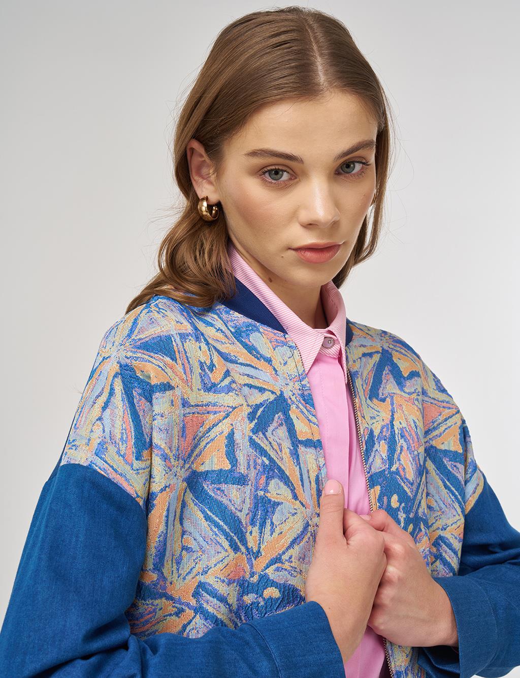 Geometric Pattern College Collar Jacket Indigo