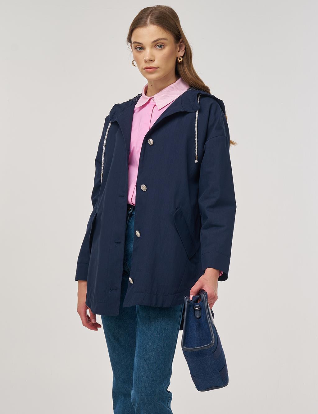 Hooded Short Trench Coat Dark Navy