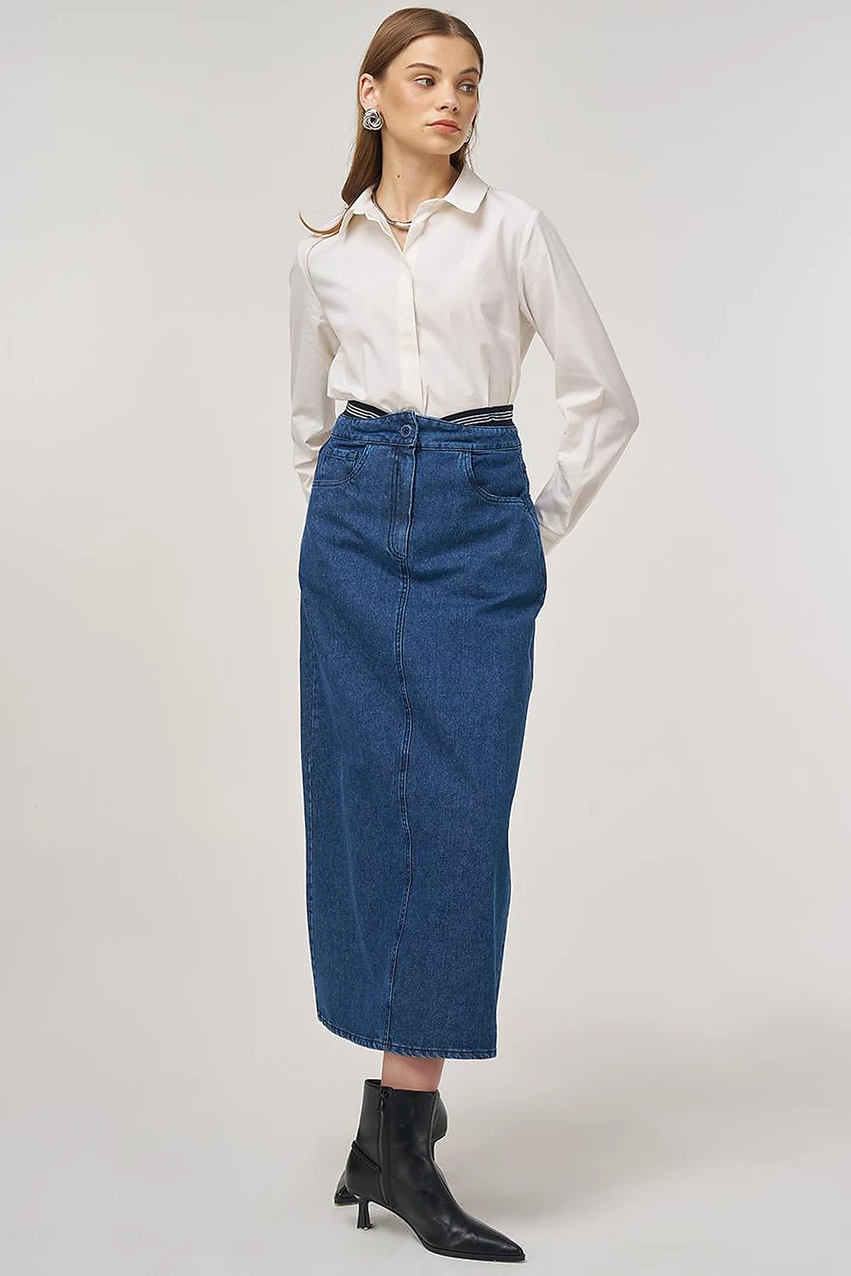 Bel Bantlı Denim Etek İndigo 