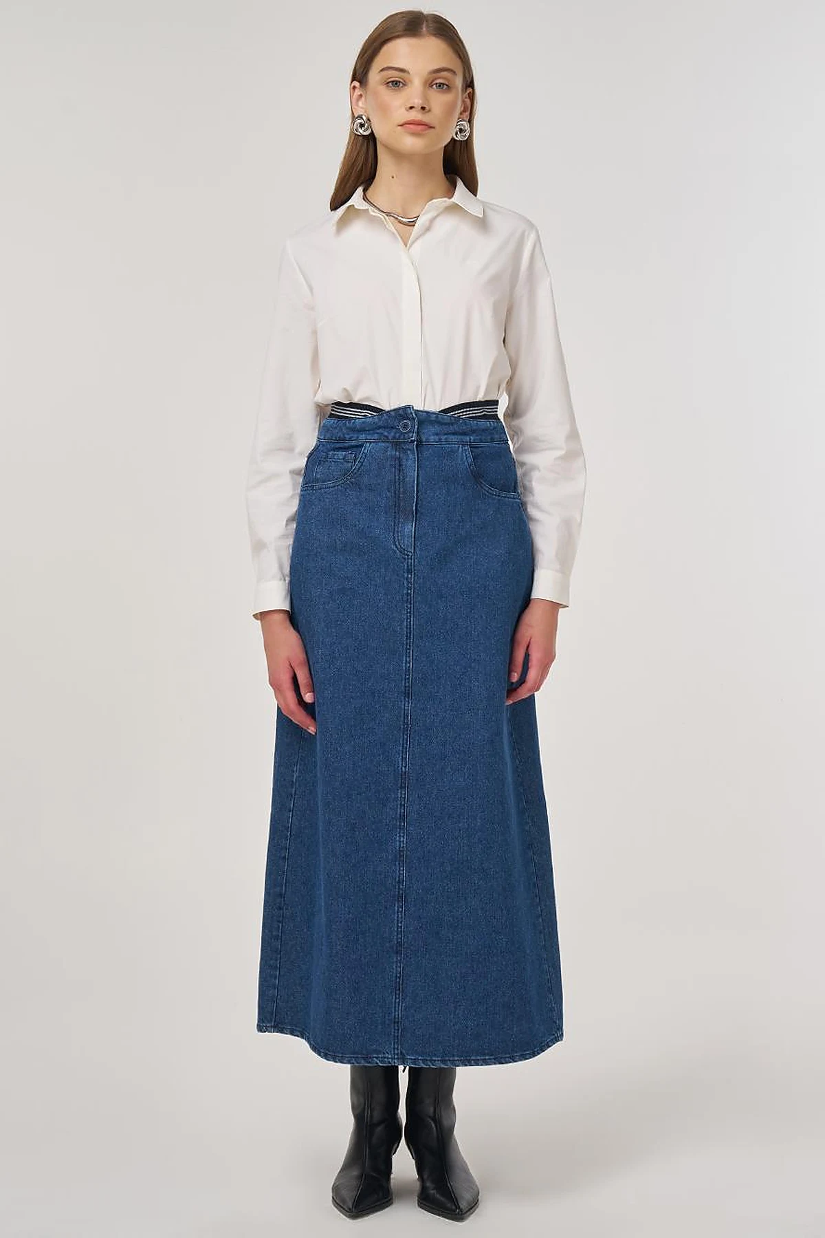 Bel Bantlı Denim Etek İndigo 