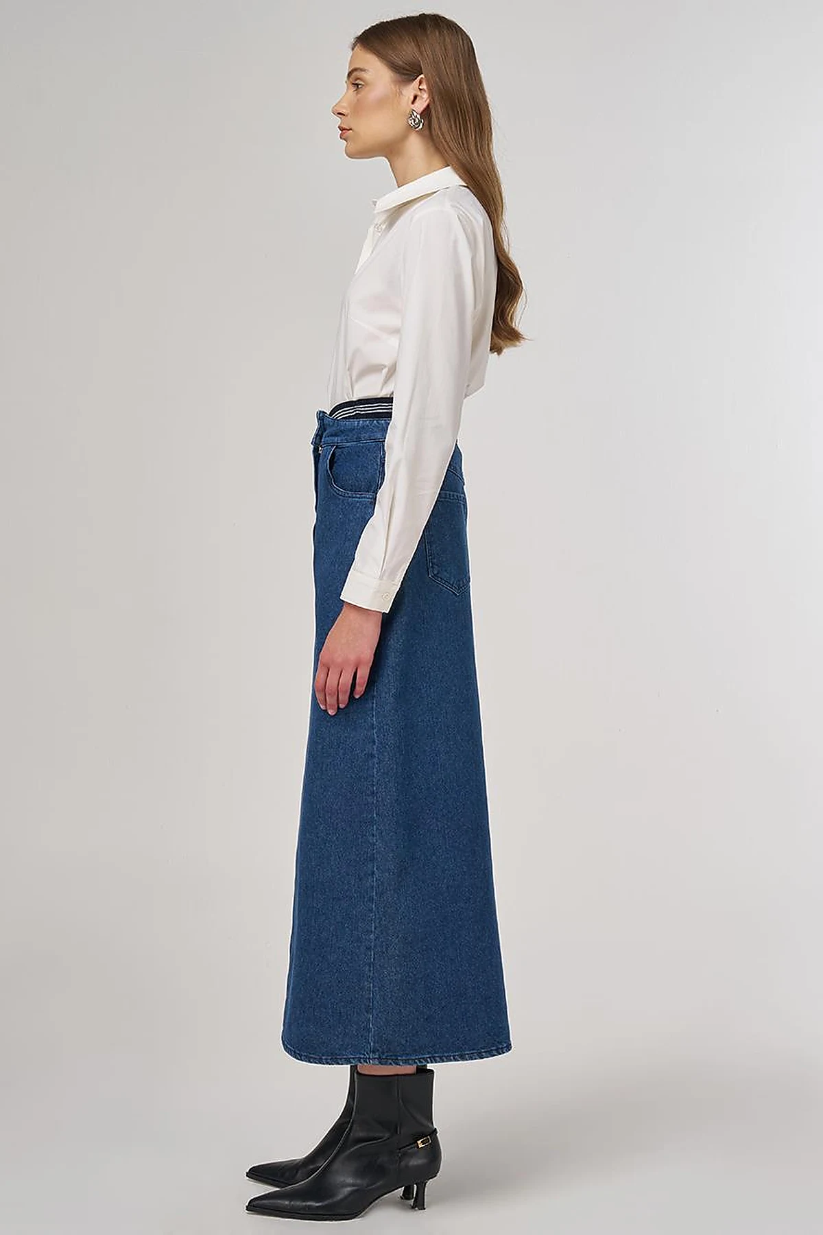 Bel Bantlı Denim Etek İndigo 