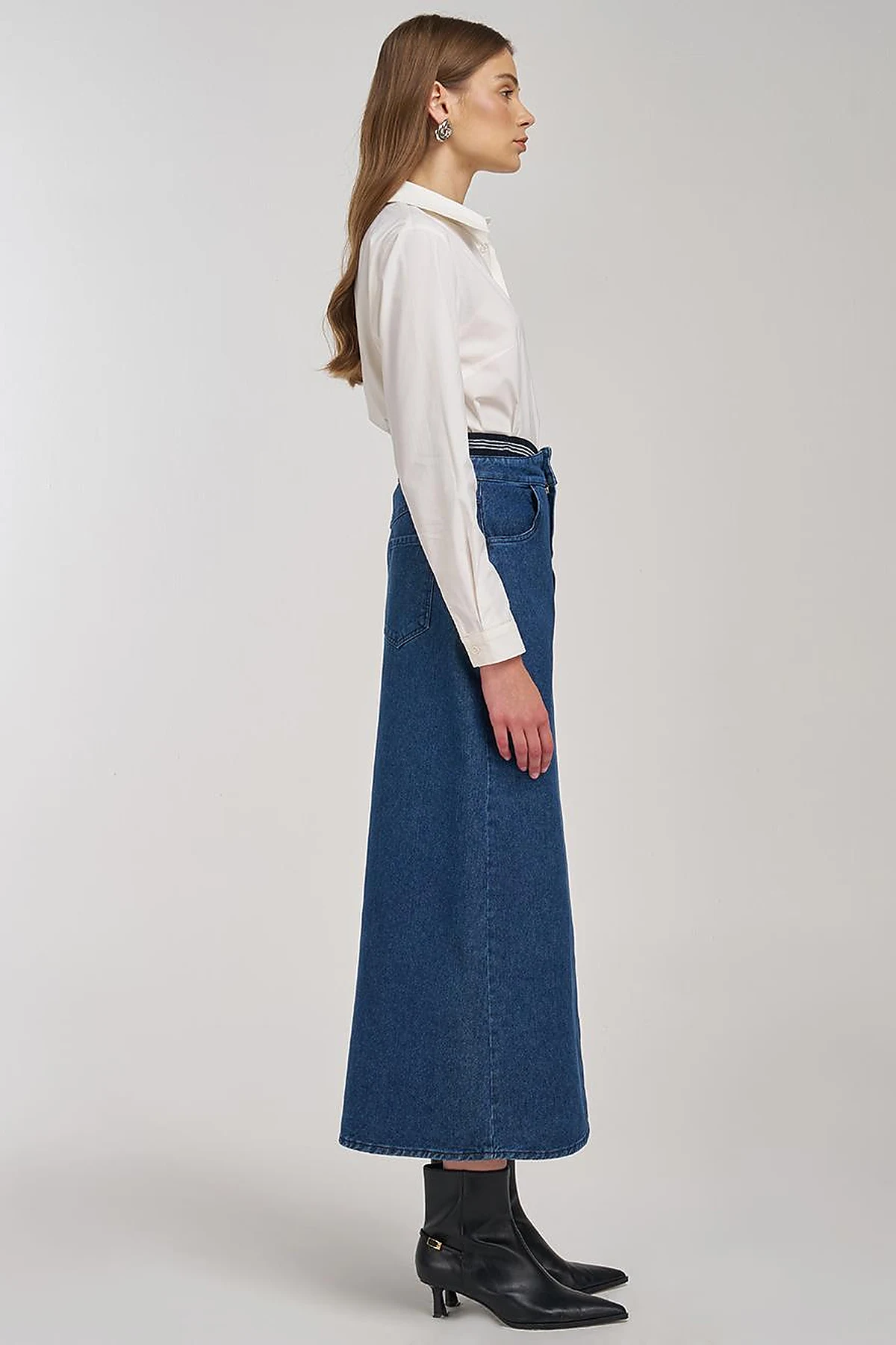 Bel Bantlı Denim Etek İndigo 