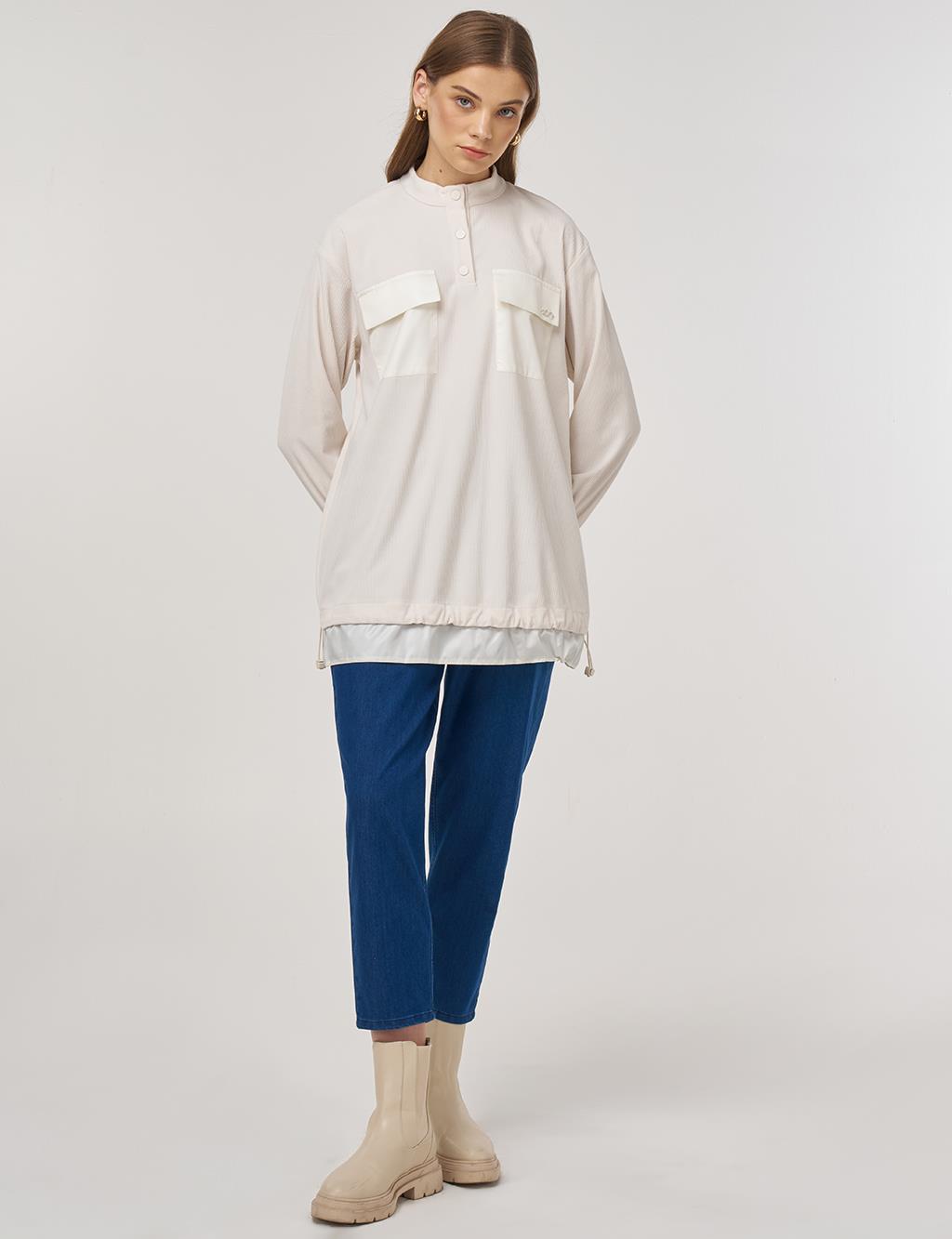 Double-Pocket Velvet Sweatshirt Cream