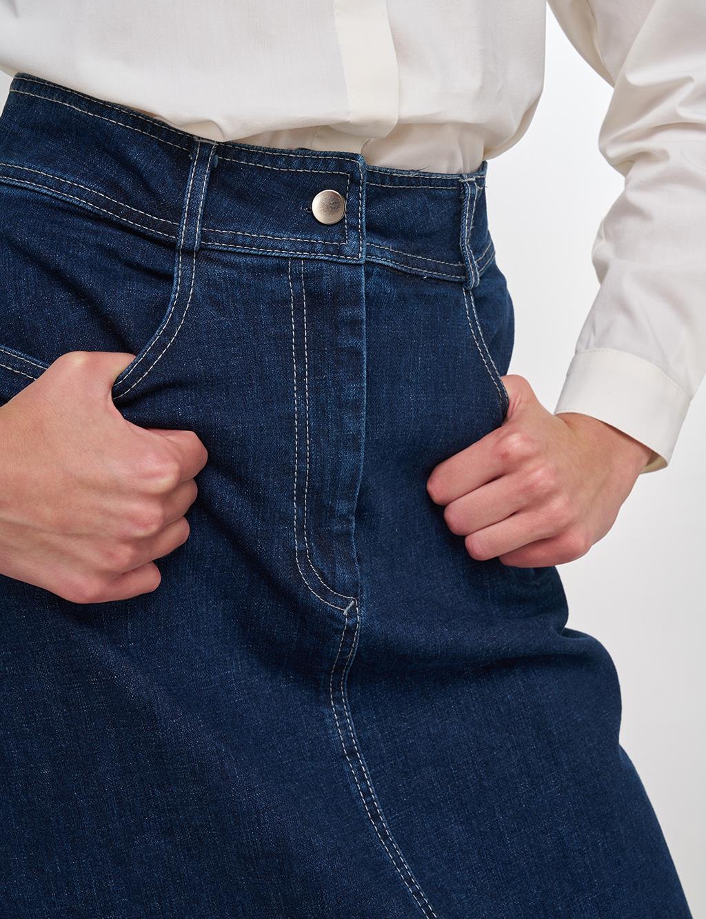 Paneled Denim Skirt Navy Blue 