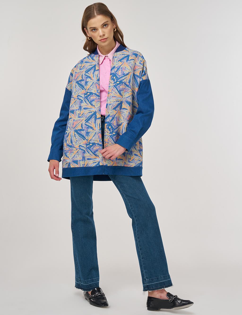 Geometric Pattern College Collar Jacket Indigo