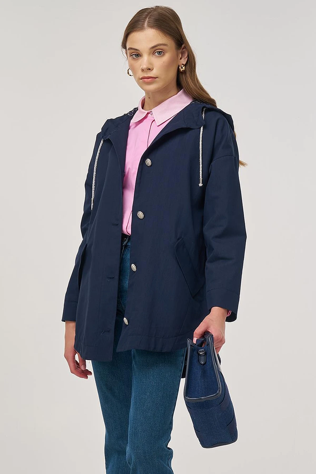 Buttoned Short Trench Coat Dark Navy