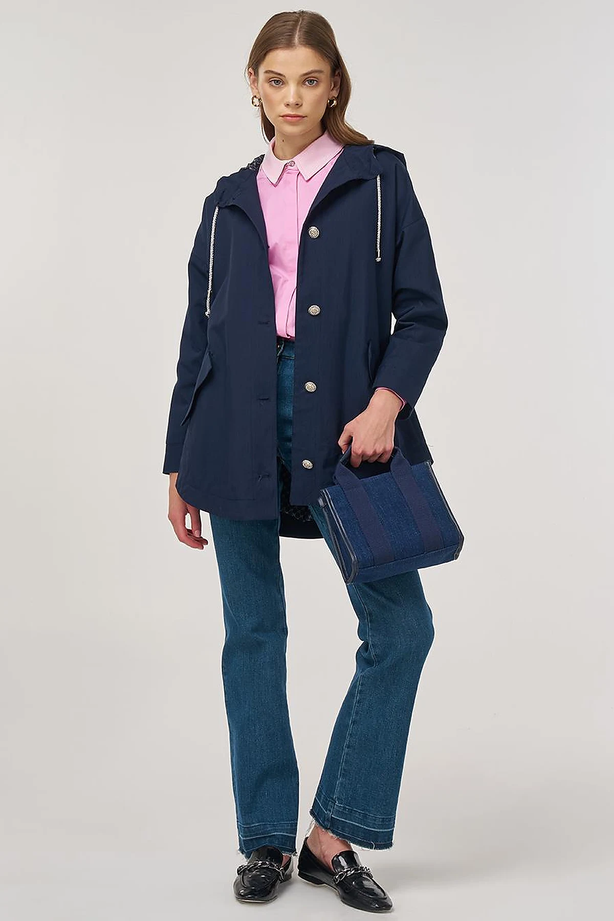 Buttoned Short Trench Coat Dark Navy