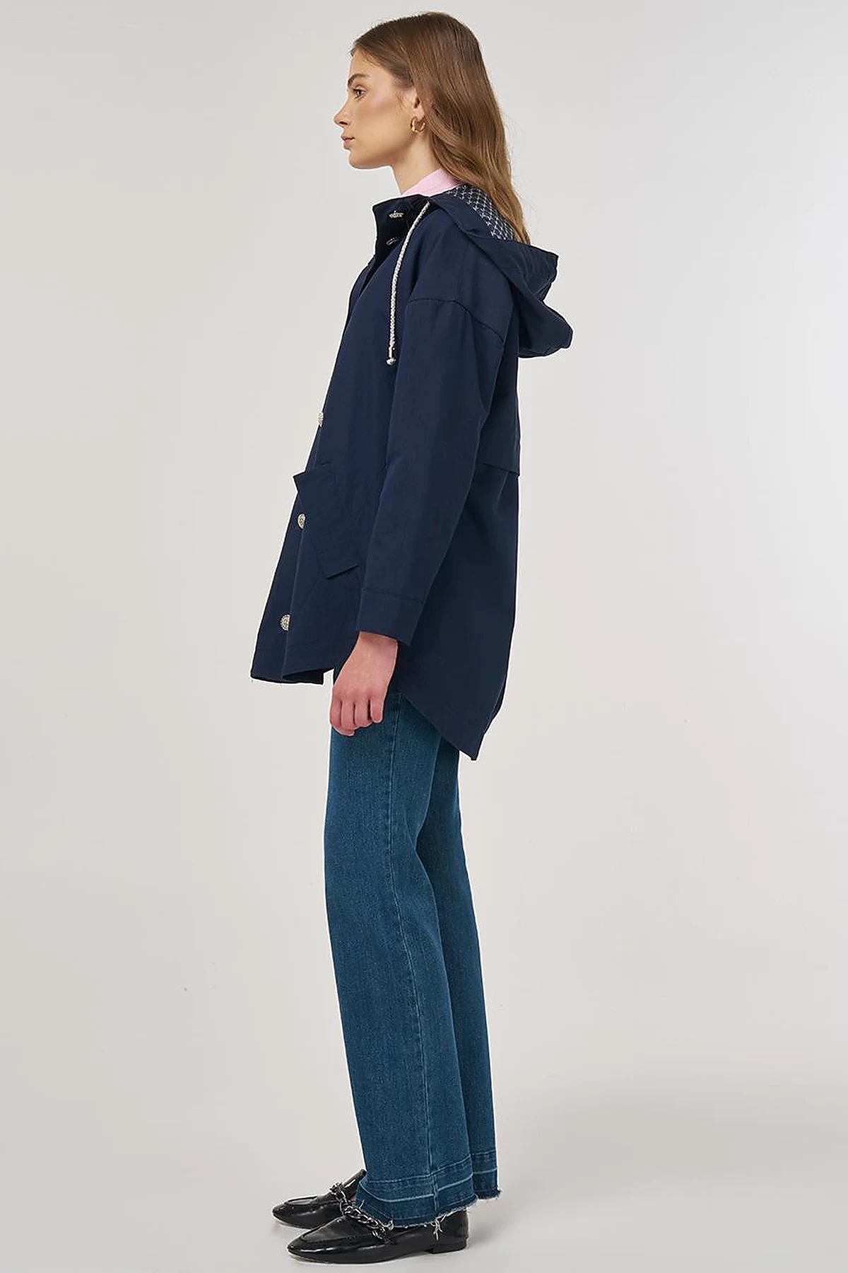 Buttoned Short Trench Coat Dark Navy
