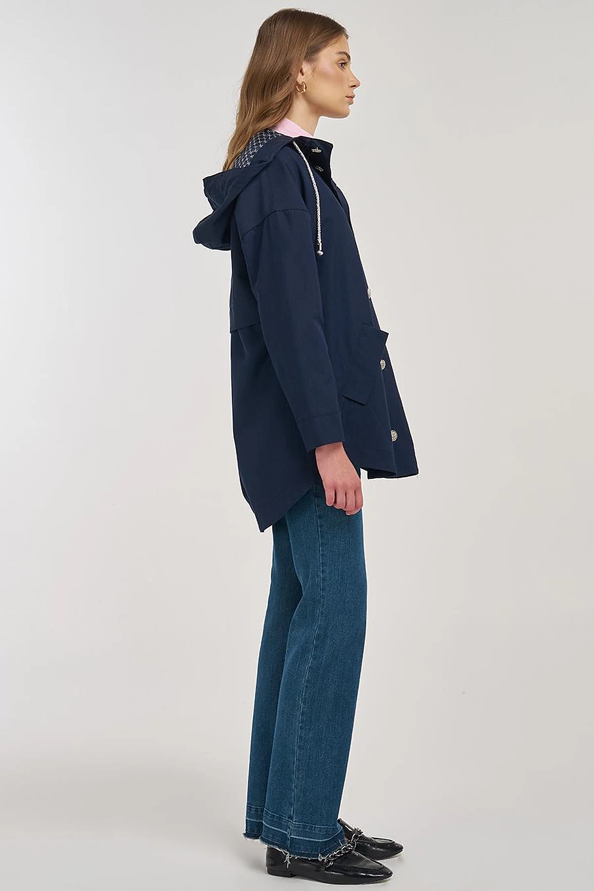 Buttoned Short Trench Coat Dark Navy