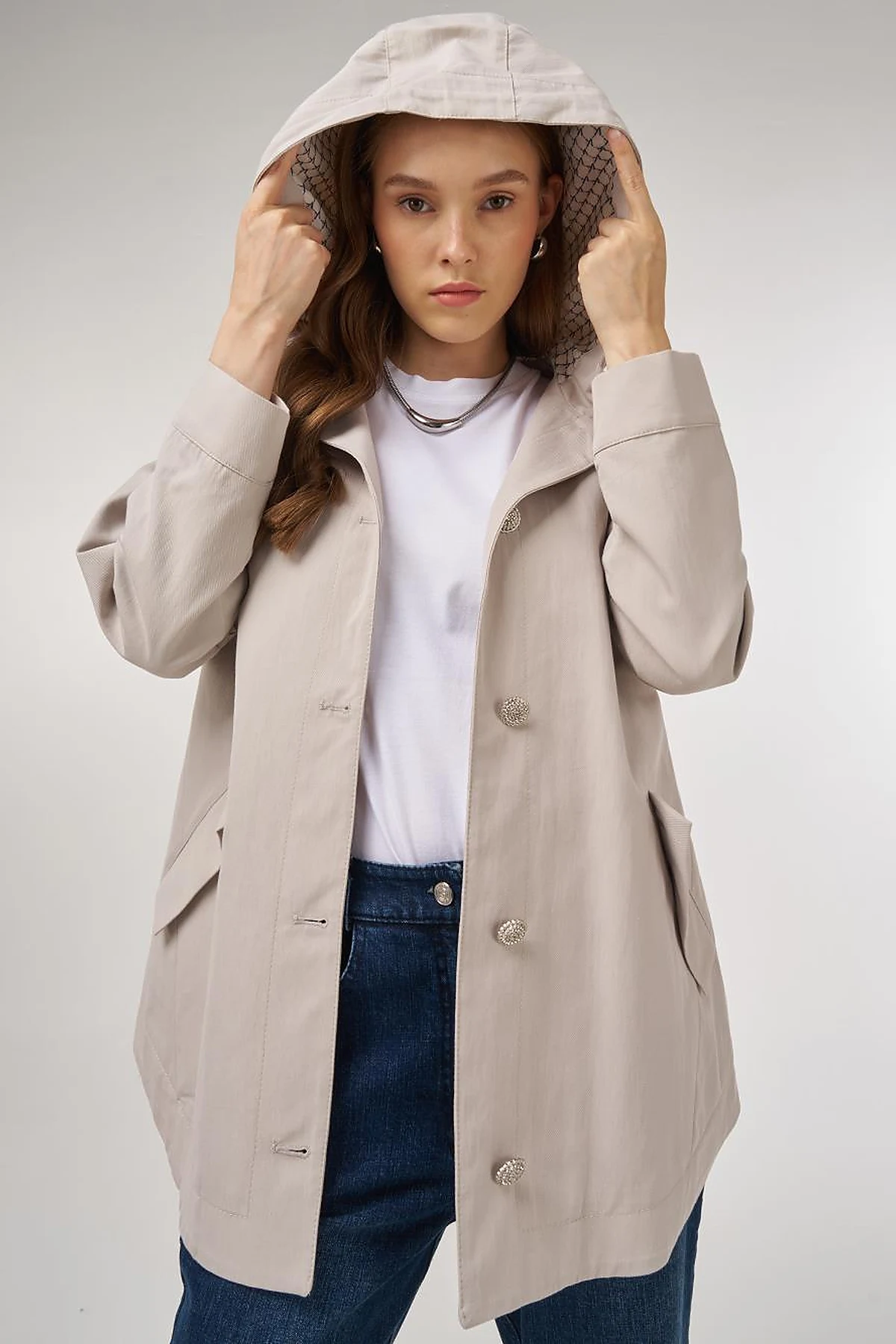 Buttoned Short Trench Coat Stone 