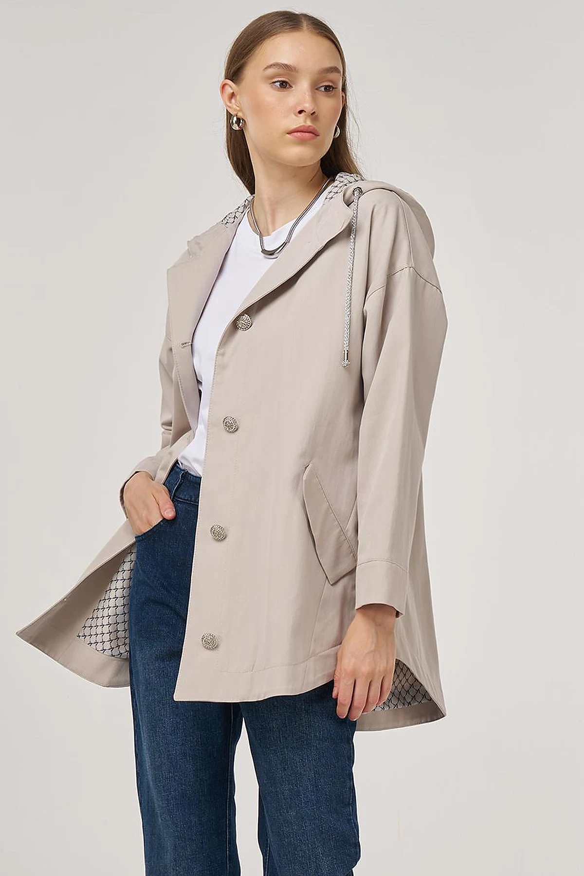 Buttoned Short Trench Coat Stone 