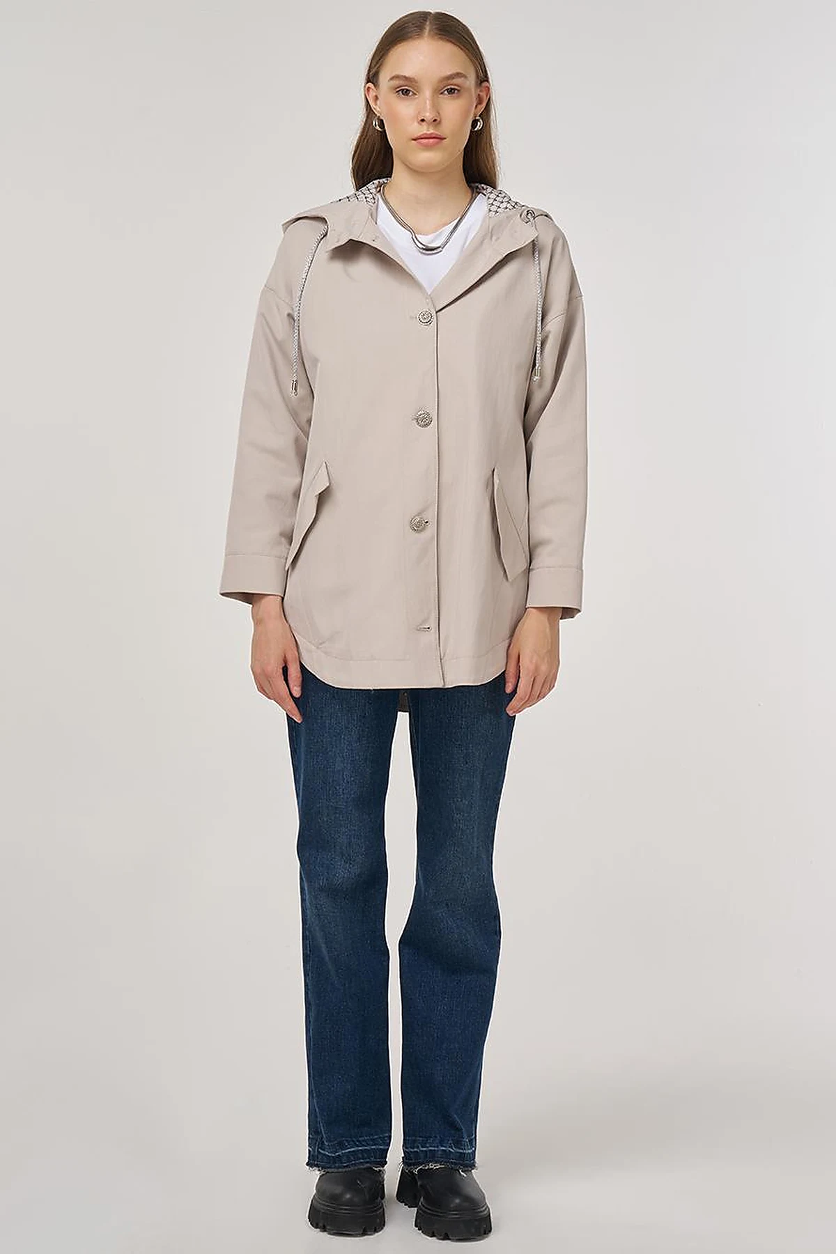 Buttoned Short Trench Coat Stone 