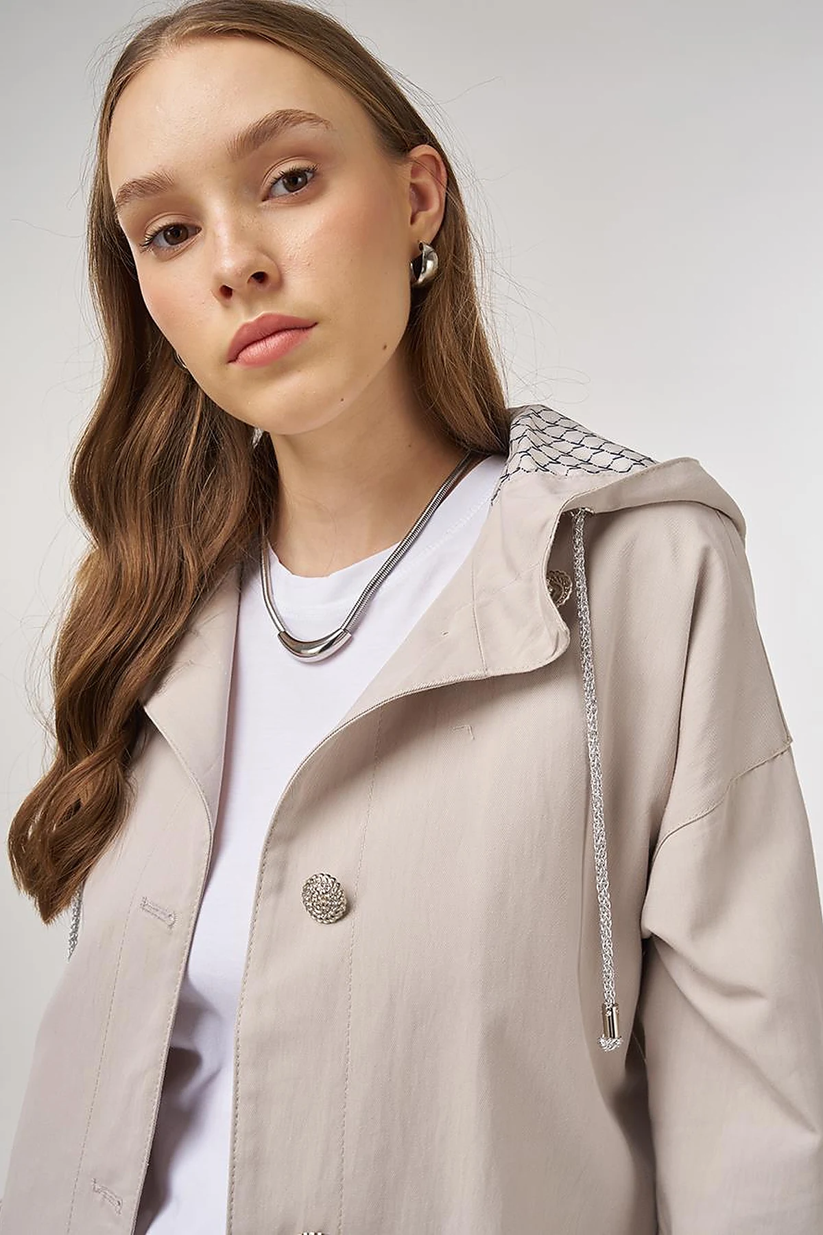 Buttoned Short Trench Coat Stone 
