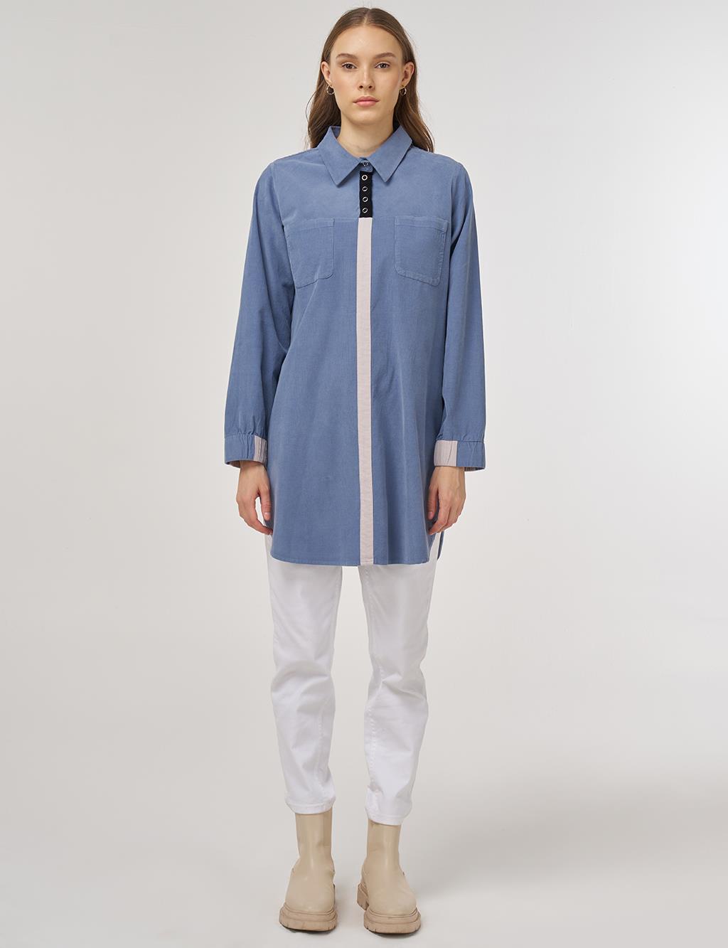Corduroy Tunic with Shirt Collar Indigo 