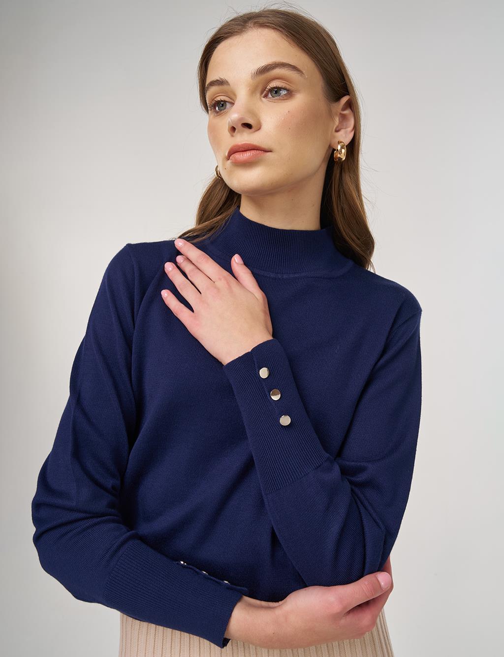 Mock Neck Basic Knit Sweater Navy 