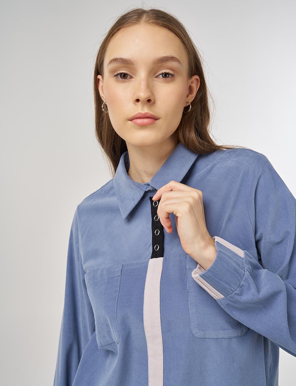 Corduroy Tunic with Shirt Collar Indigo 