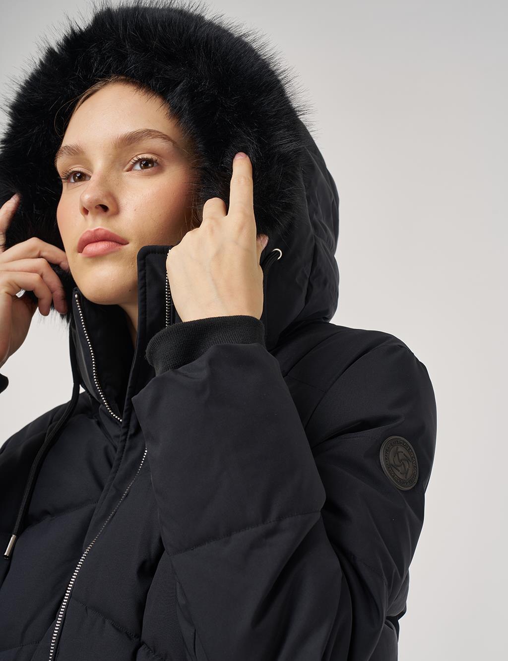 Faux Fur Detailed Anorak Coat in Black