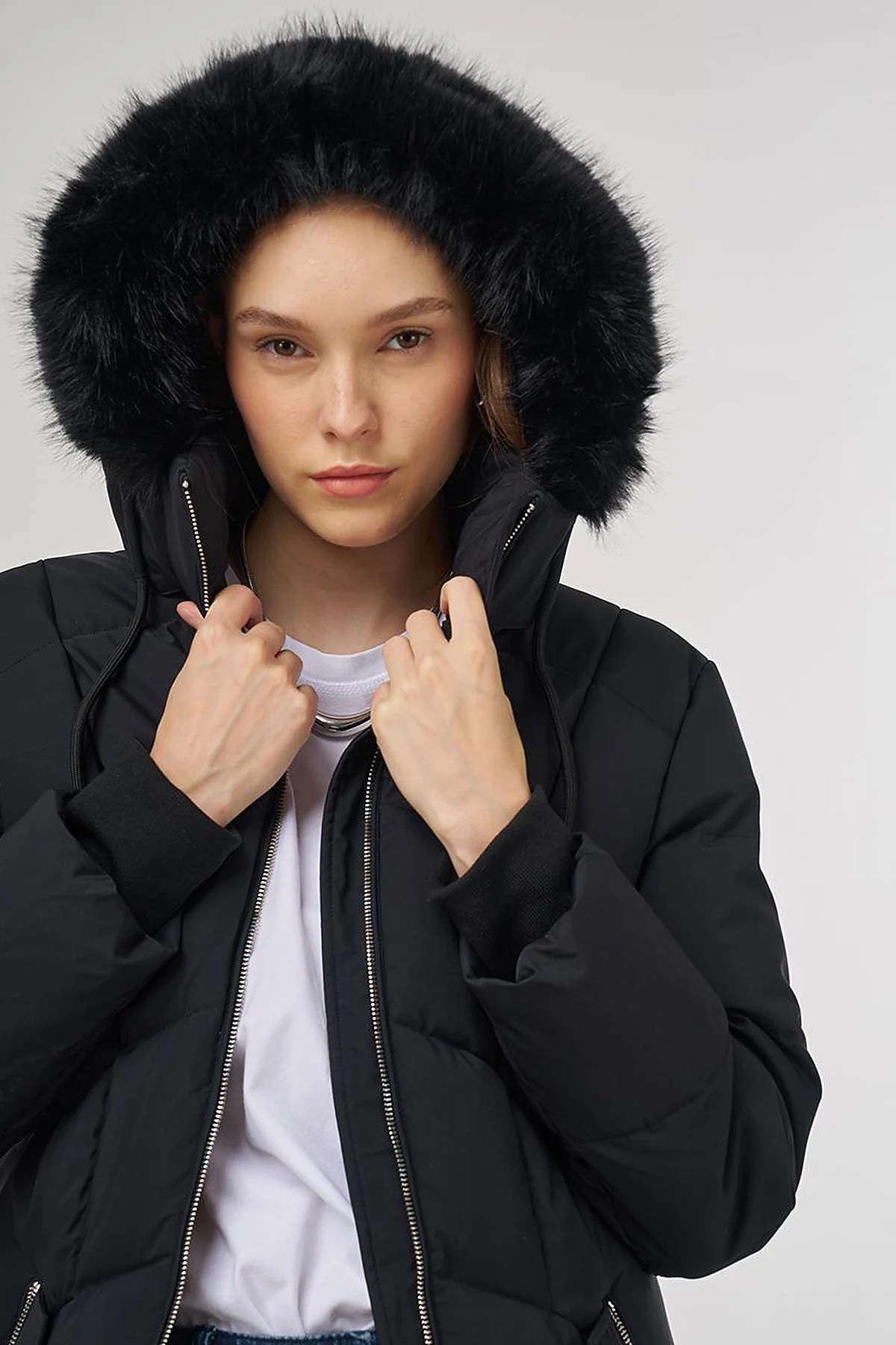 Faux Fur Detailed Anorak Coat in Black