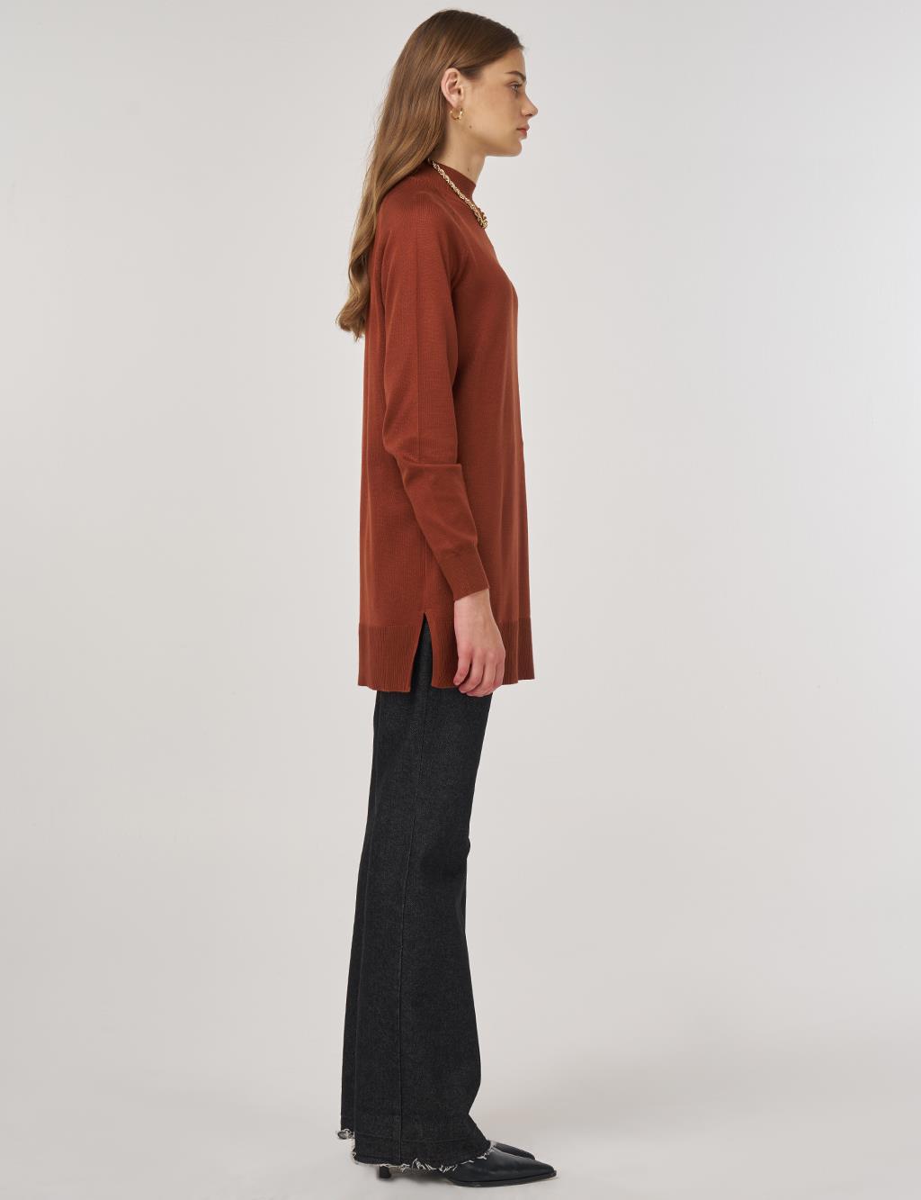 Half Turtleneck Knit Tunic Rust Brown