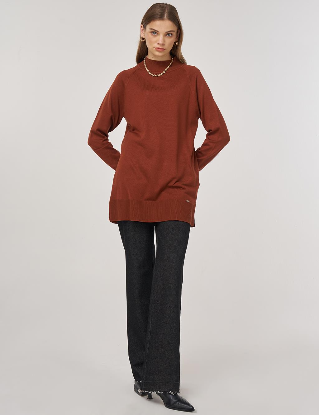 Half Turtleneck Knit Tunic Rust Brown