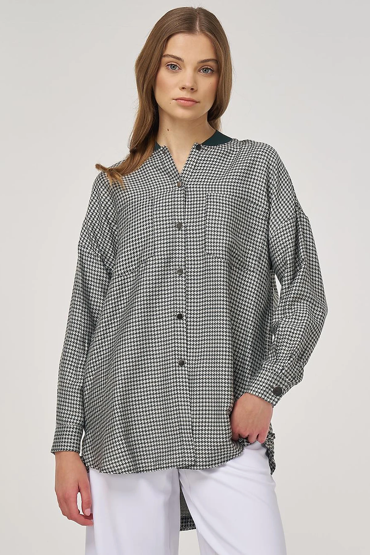 Houndstooth-Pattern Viscose Tunic Olive