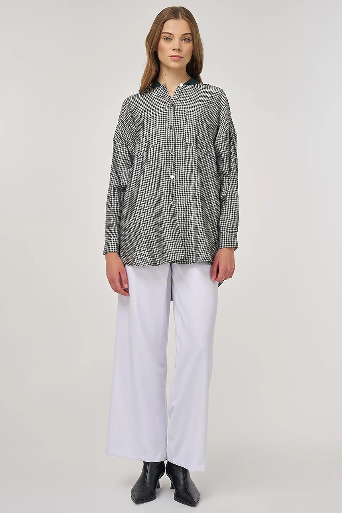 Houndstooth-Pattern Viscose Tunic Olive