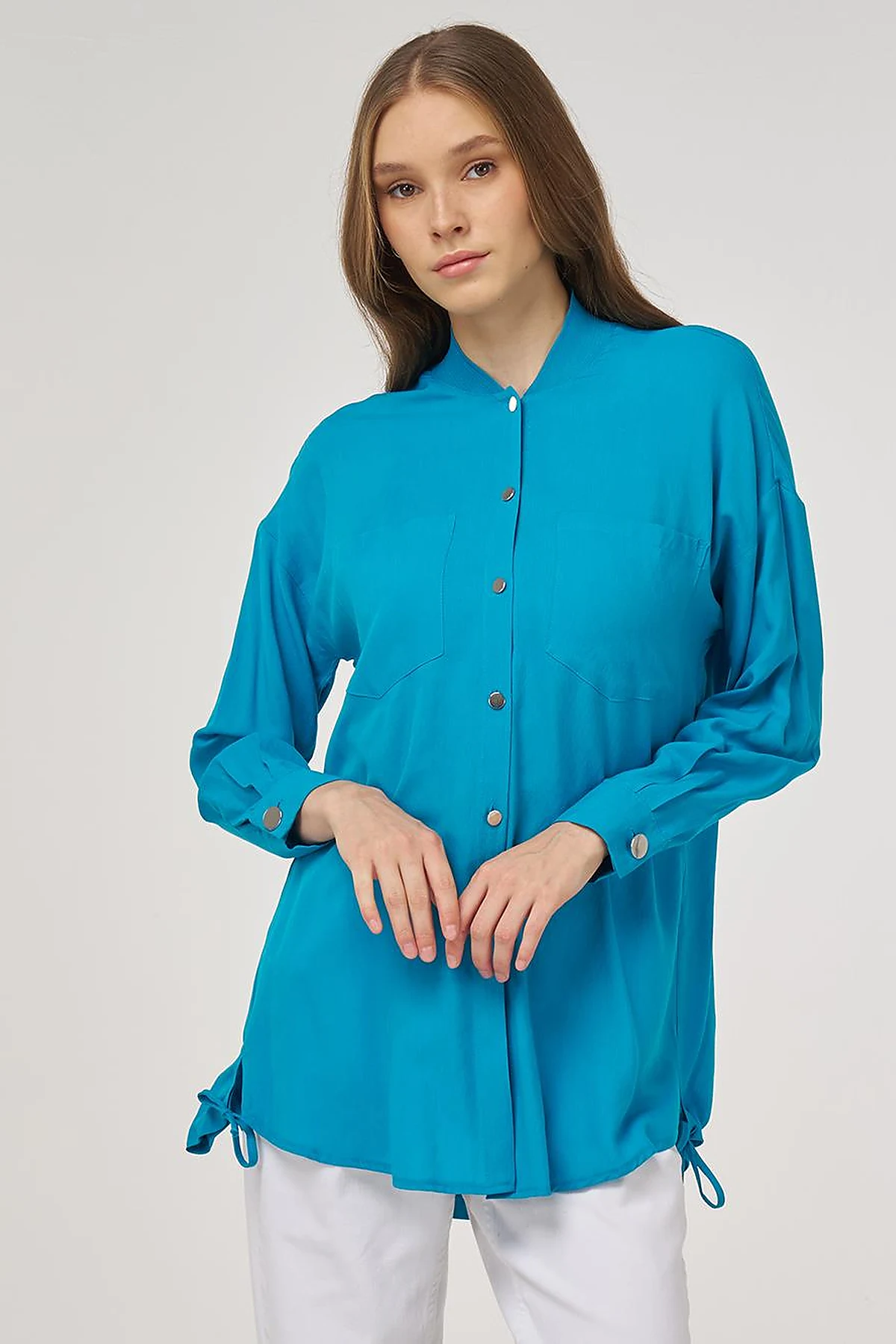 College Collar Linen-Viscose Tunic Turquoise