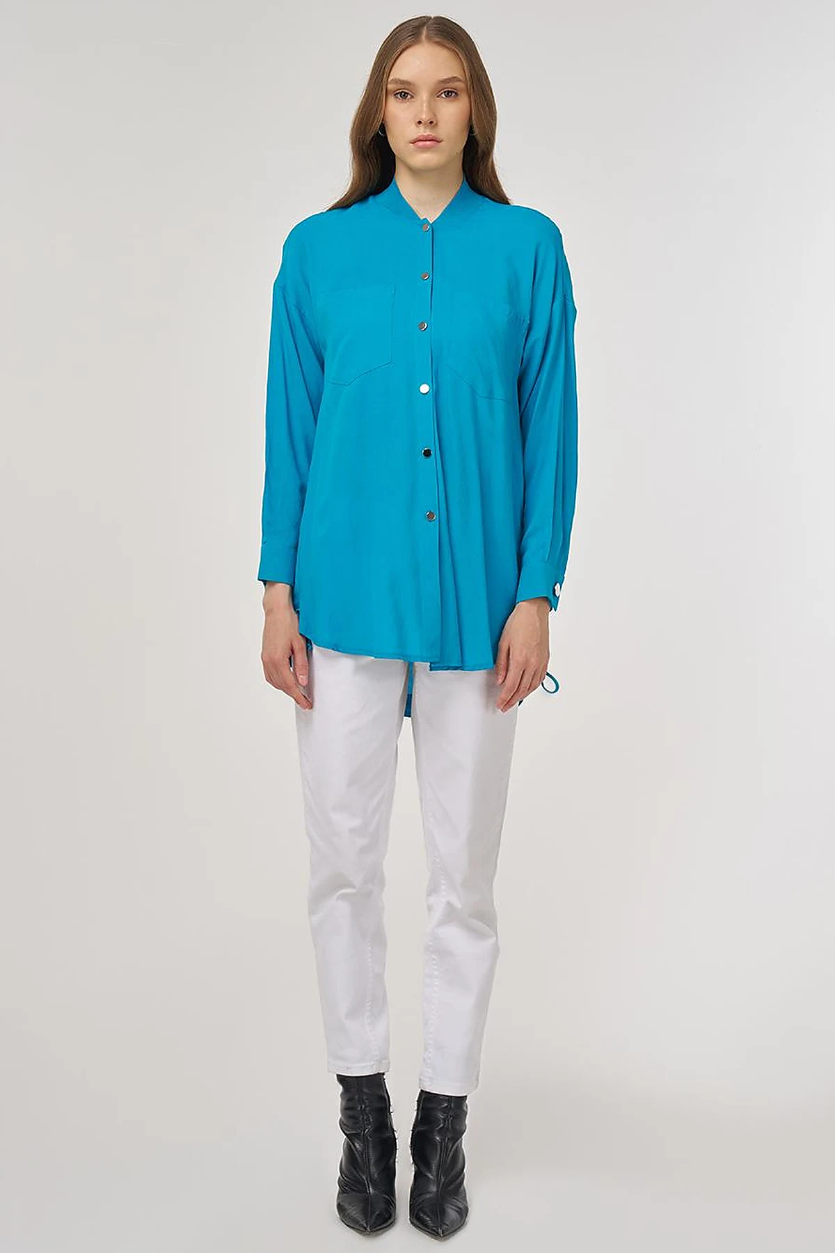 College Collar Linen-Viscose Tunic Turquoise