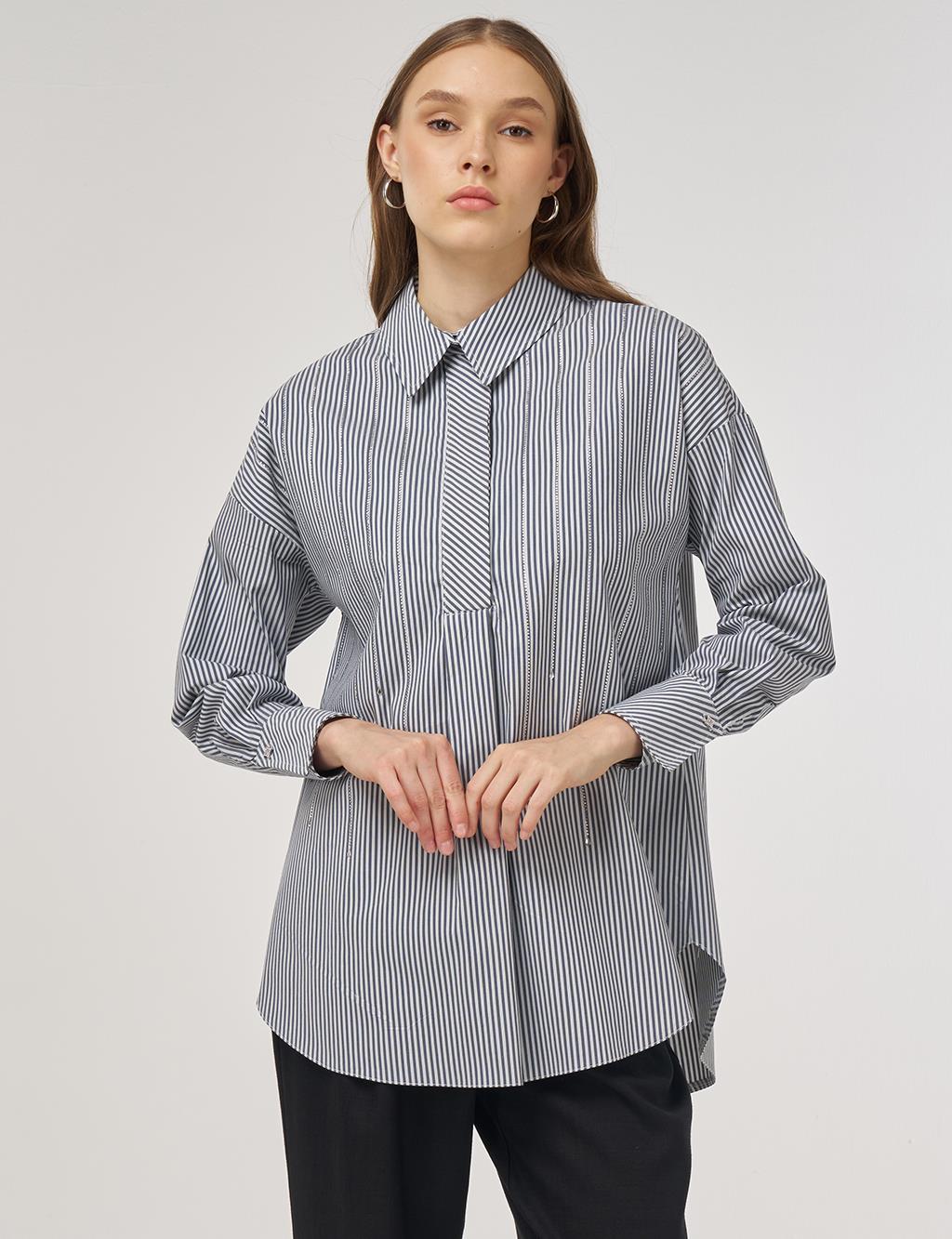 Çizgi Desen Pamuklu Tunik Lacivert 