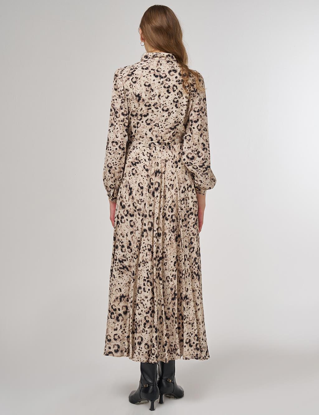 Leopar Desen Piliseli Elbise Krem