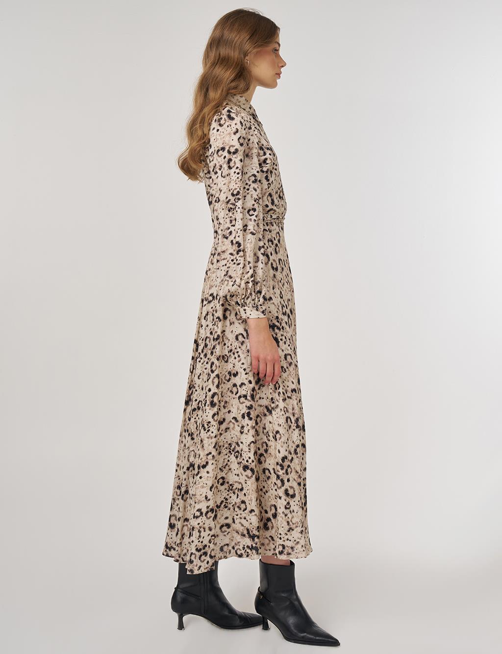 Leopar Desen Piliseli Elbise Krem
