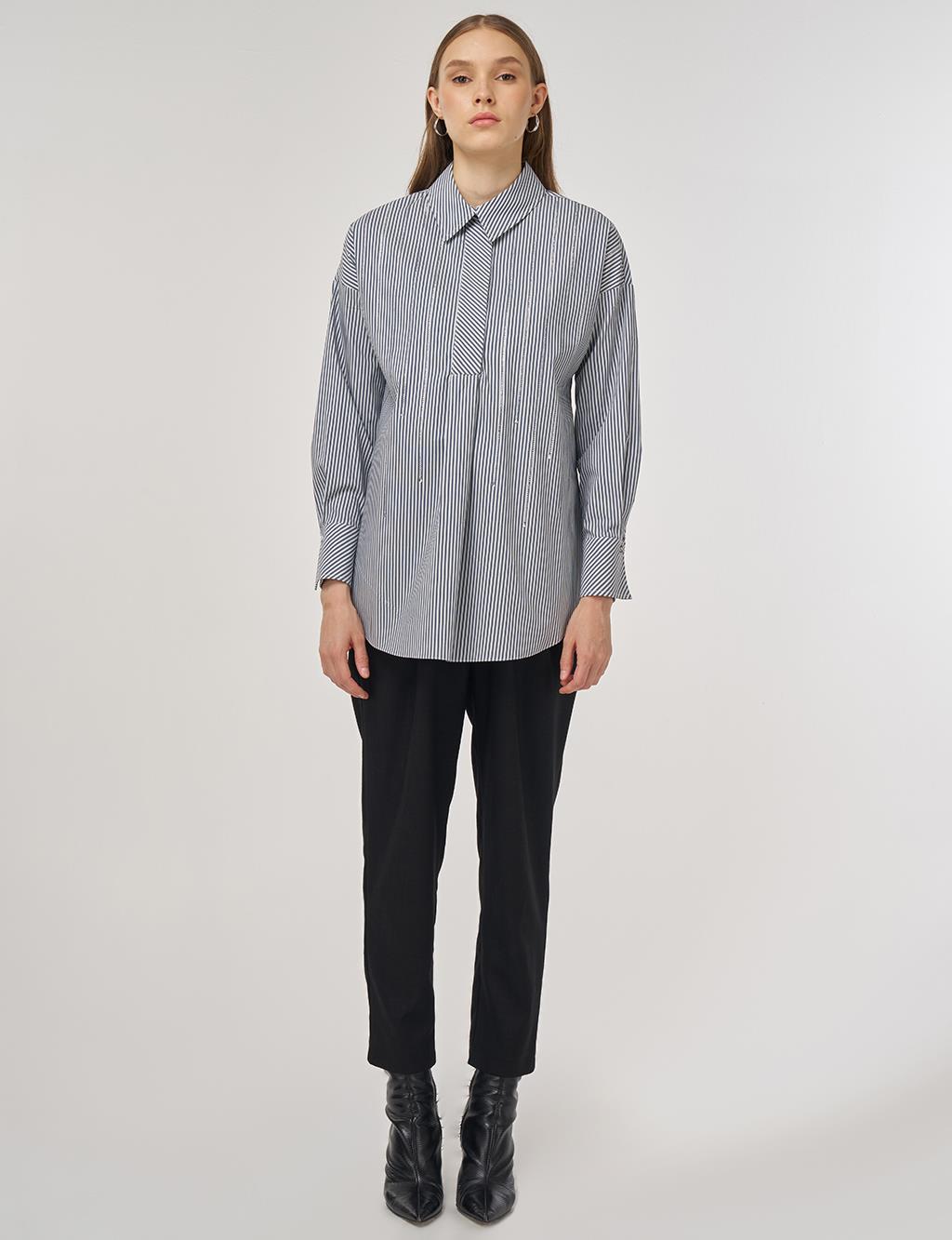 Çizgi Desen Pamuklu Tunik Lacivert 