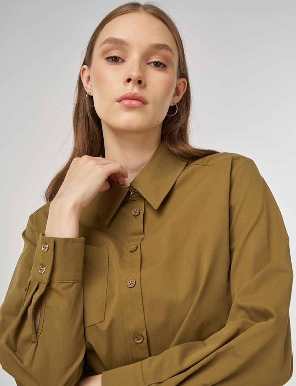 100% Cotton Single-Pocket Blouse Dark Olive